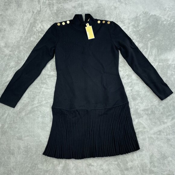 Michael Kors Dresses & Skirts - Michael Kors Black Long-Sleeve Pleated Hem Dress With Gold Details XL NWT  0061